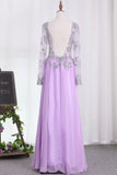 A Line Long Sleeves Scoop Chiffon Prom Dresses With Applique