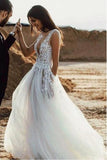 A-Line Deep V-Neck Sweep Train Tulle Ivory Wedding Dress with Appliques Split SJS15049