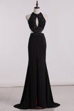 See-Through Scoop Open Back Prom Dresses Spandex With Beads And Slit