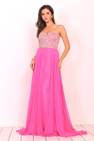 A Line Sweetheart Beaded Bodice Prom Dresses Chiffon Sweep Train