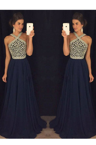 V Neck Prom Dresses A Line Beaded Bodice Sweep Train Chiffon