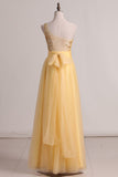 A Line One Shoulder Prom Dress Beaded Bodice Tulle Floor Length