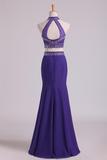 Halter Two-Piece Beaded Bodice Sheath Open Back Prom Dresses Spandex & Tulle Floor Length