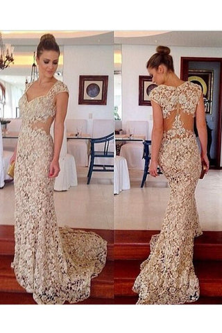 Mermaid Straps Lace With Applique Sweep Train Prom Dresses