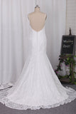 Open Back Lace Spaghetti Straps Sweep Train Wedding Dresses