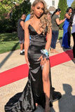 Sexy Strapless Mermaid V Neck Black Prom Dresses with Slit Sleeveless Long Evening Dress SJS15362