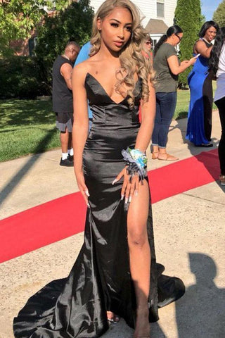 Sexy Strapless Mermaid V Neck Black Prom Dresses with Slit Sleeveless Long Evening Dress SJS15362