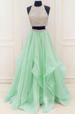 Stunning Sequins And Beaded Top Organza Ruffles Two Piece Prom Dress Prom Dresses JS172