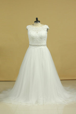 Plus Size Wedding Dresses A-Line Bateau Court Train V-Back Tulle