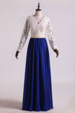 Hot V Neck Prom Dresses A Line Chiffon With Applique Sweep Train Dark Royal Blue