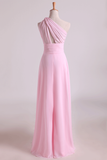 One Shoulder A Line Chiffon Bridesmaid Dresses With Ruffles Pearl Pink