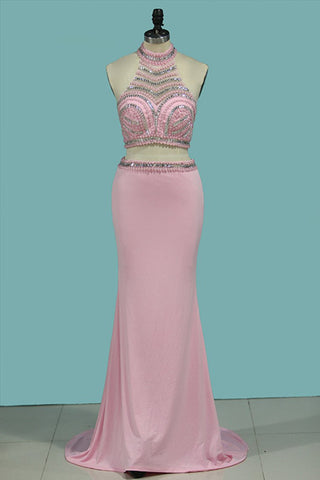 Prom Dresses Mermaid High Neck Two-Piece Beaded Bodice Spandex