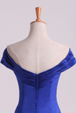 Prom Dresses Off The Shoulder Satin Mermaid Dark Royal Blue Sweep Train