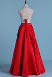 Halter Prom Dresses Beaded Bodice Satin A Line Open Back