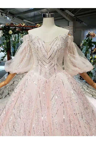 Ball Gown Wedding Dresses Sweetheart 1/2 Sleeves Top Quality Appliques Tulle Beading