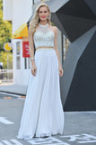 Scoop Prom Dresses A Line Beaded Bodice Chiffon Sweep Train