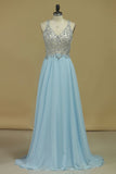 Chiffon & Tulle V Neck Prom Dresses Beaded Bodice A Line