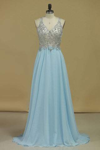 Chiffon & Tulle V Neck Prom Dresses Beaded Bodice A Line