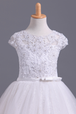 Flower Girl Dresses Short Sleeves Scoop A Line With Applique And Ribbon Tulle