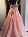 Unique A Line One Shoulder 3D Appliques Pink Tulle Long Beads Prom SJS20449