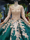 Ball Gown Long Sleeve Satin Beads Prom Dresses, Quinceanera Dresses with Appliques SJS15059