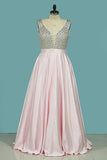 A-Line Prom Dresses Beaded Bodice Satin A Line Open Back