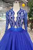 Long Sleeves V Neck Prom Dresses Tulle With Applique A Line Beads