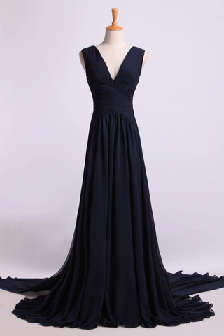 V-Neck Prom Dress A-Line With Ruffles Court Train Chiffon