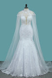 Tulle Scoop Wedding Dresses Mermaid With Applique Chapel Train