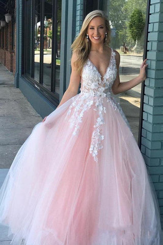 Charming Ball Gown V Neck Tulle Lace Appliques Prom Dresses, Evening SJS20397