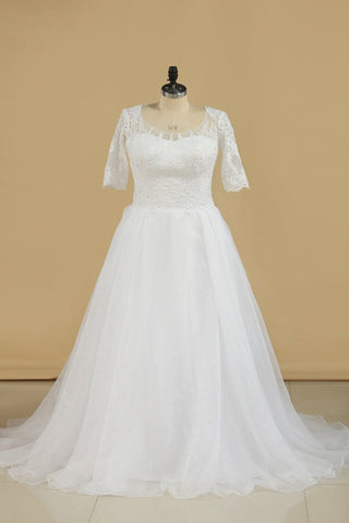 Mid-Length Sleeves Scoop Wedding Dresses A Line With Applique Organza