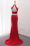 High Neck Spandex Two Pieces Prom Dresses With Applique And Beads Sweep Train