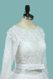 A Line Wedding Dresses Long Sleeves Scoop With Applique Court Train