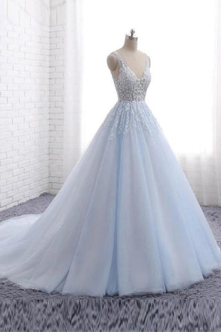 Princess Light Blue Long Ball Gown Lace Tulle Prom Dresses, V Neck Formal Dresses SJS15297