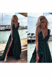 Deep V Neck A Line Sweep Train Evening Dresses