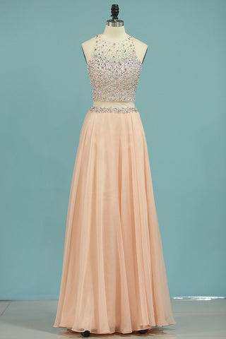 Prom Dresses Scoop Beaded Bodice Chiffon Sweep Train