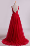 Evening Dresses Scoop A Line Tulle With Applique Open Back