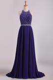 A Line Prom Dresses Halter Beaded Bodice Open Back Sweep Train Chiffon & Tulle