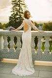 Mermaid Scoop Wedding Dresses 3/4 Length Sleeves Lace Open Back