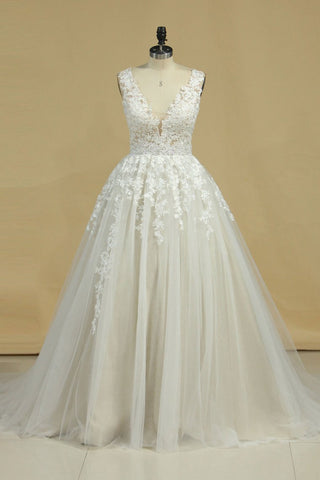 A Line Straps Prom Dress Tulle With Beads And Applique Floor Length