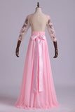 Mid-Length Sleeve A-Line Scoop Chiffon Prom Dresses Floor-Length With Applique & Bow-Knot