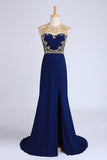 Prom Dresses Scoop Neckline Column Beaded Bodice With Court Train & Slit