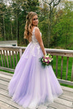 A Line Lilac Appliques V Neck Long Prom Dresses, Long Prom Formal Gowns SJS15004