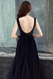 Simple Black Tulle Backless Prom Dresses Straps Zipper Dance Dresses SJS15388