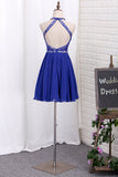 A Line Halter Beaded Bodice Homecoming Dresses Chiffon Open Back