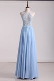 Open Back A Line Prom Dresses Chiffon With Applique And Beads