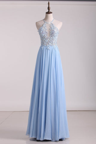 Prom Dresses A Line Chiffon With Applique And Beads Floor Length