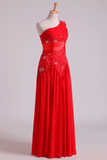 Red One Shoulder A Line Prom Dresses With Applique & Ruffles Floor Length