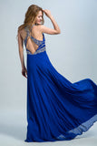 Halter A Line Princess Chiffon Dark Royal Blue Sweep Train Prom Dresses