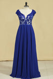 V Neck Prom Dresses Cap Sleeves Chiffon With Applique Open Back